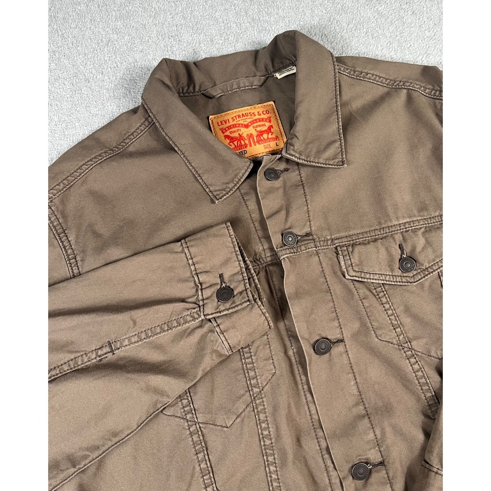 Levis Straus Men L Olive Brown Cotton Twill Relaxed Fit Trucker Jacket Workwear